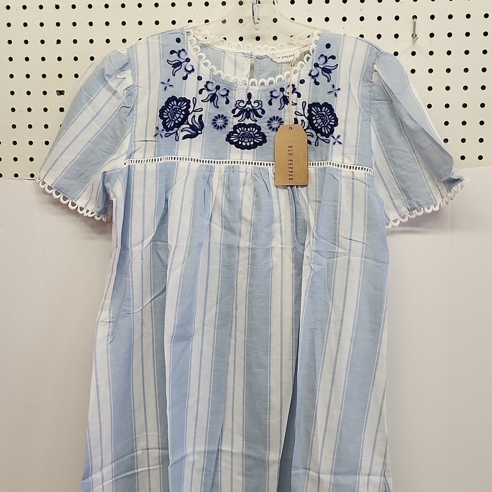 BLU pepper dress NWT blue white stripe with embroidery accent